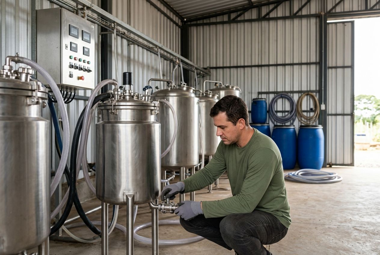 Operador ajusta a válvula de um biorreator de inox no galpão de produção de bioinsumo