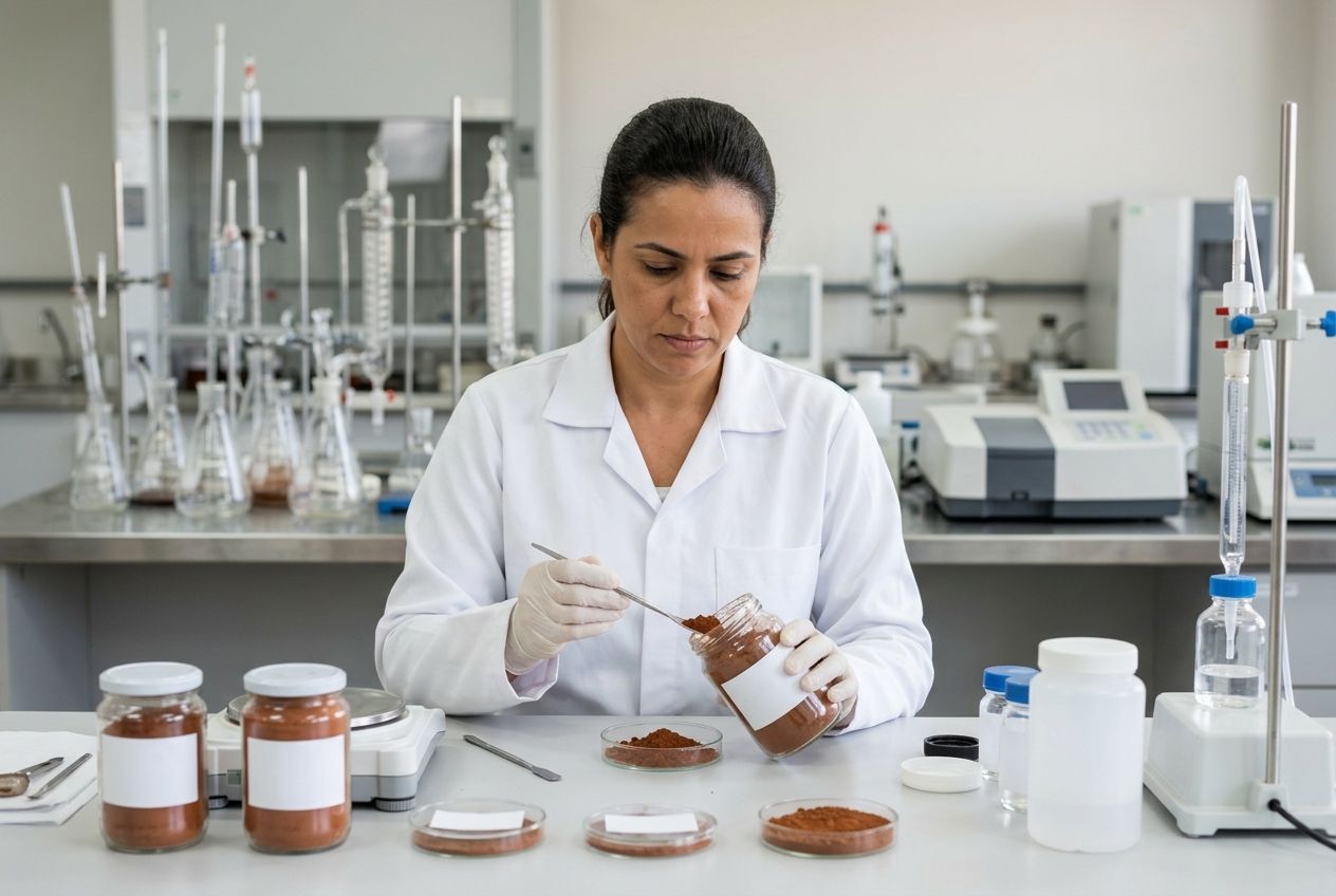 Técnica de jaleco manipula amostra de solo sobre a bancada, entre frascos identificados e vidraria de análise